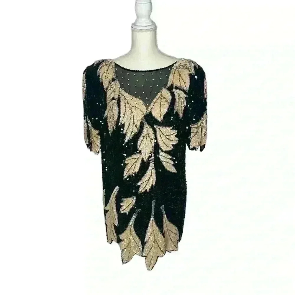 Vintage J.K. Laing 100% Silk Hand Beaded Formal Mini Dress size M